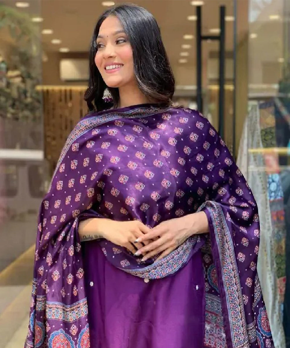 Purple Cotton Embroidered Kurta with Pant and Dupatta