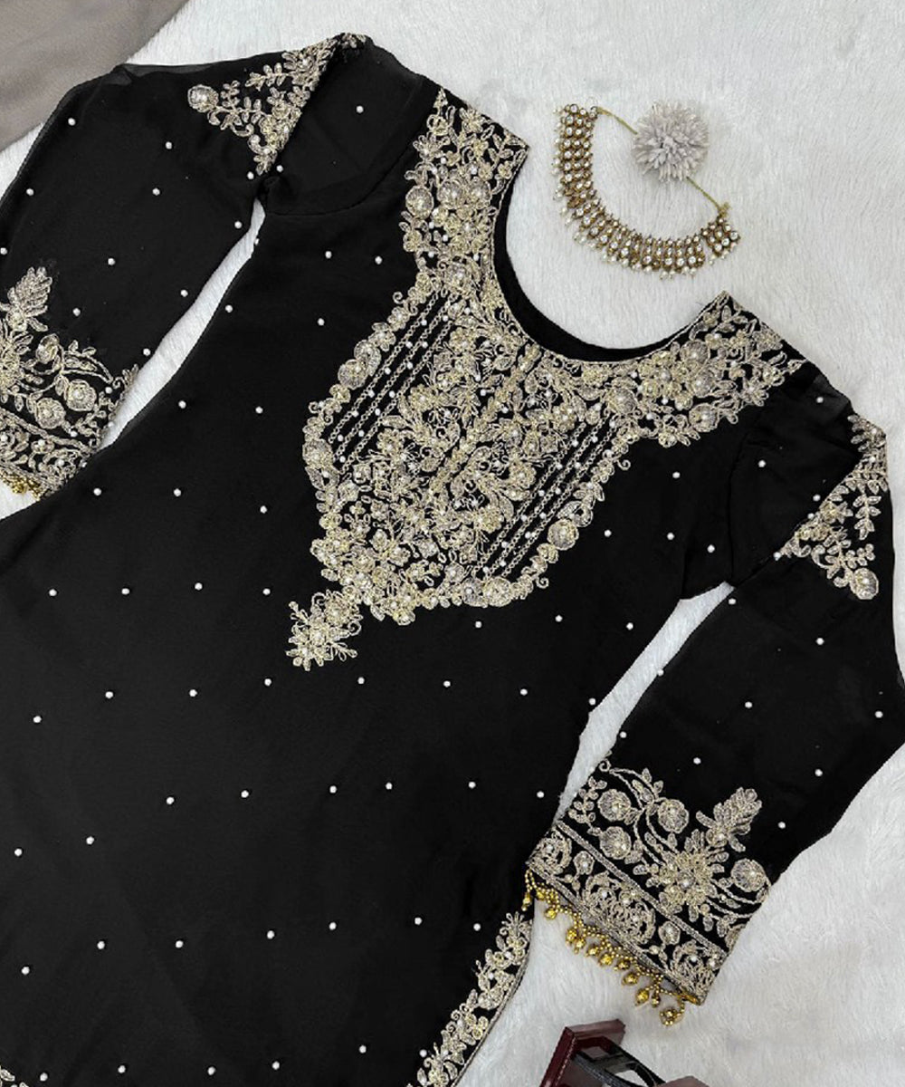 Black Faux Georgette Embroidered Kurta with Pant and Dupatta