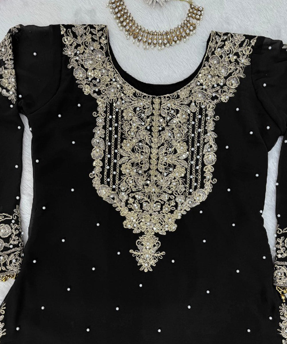 Black Faux Georgette Embroidered Kurta with Pant and Dupatta