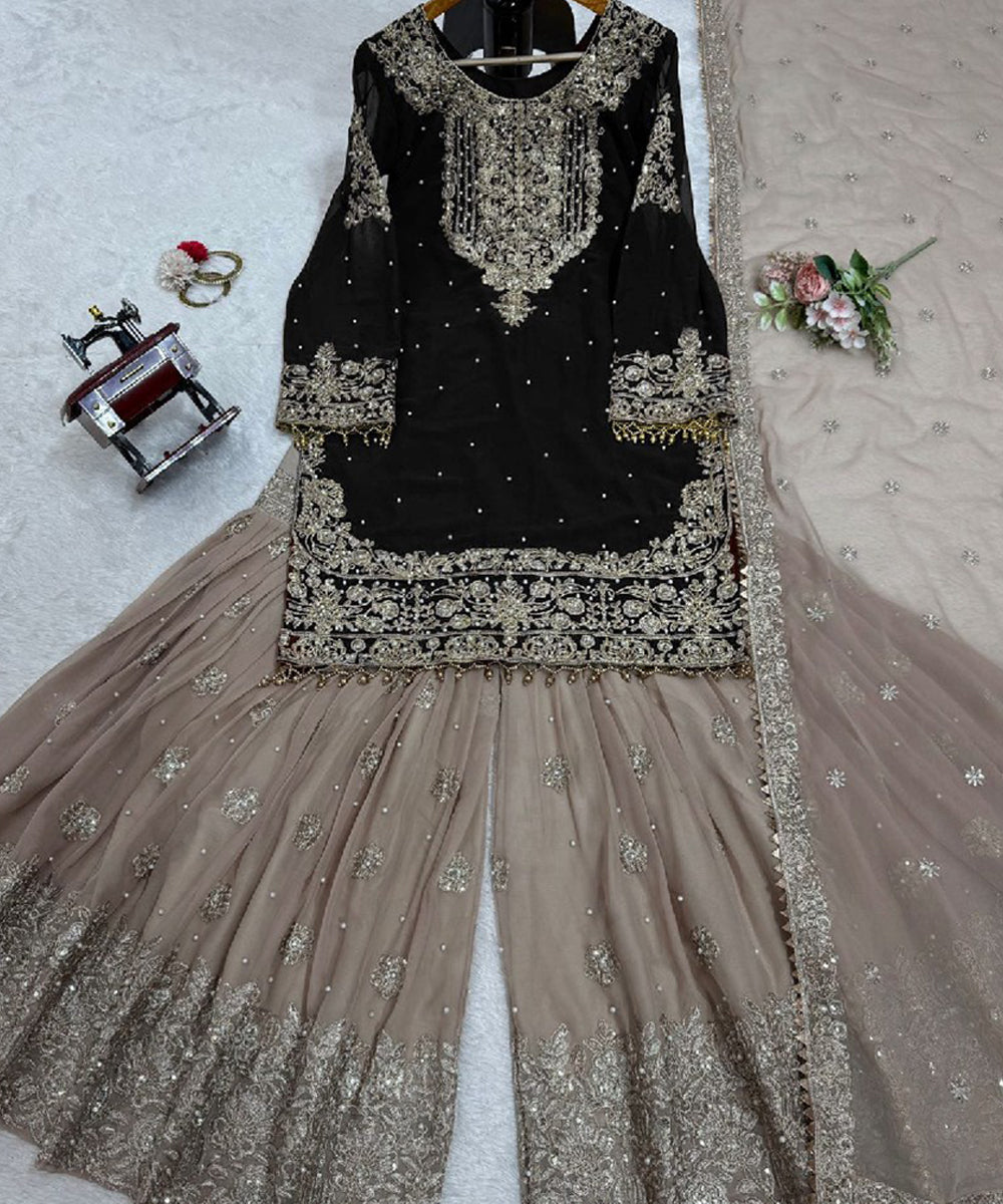 Black Faux Georgette Embroidered Kurta with Pant and Dupatta