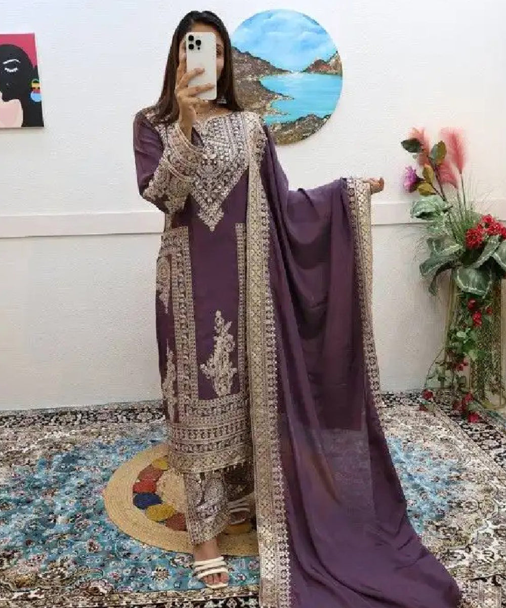 Purple Silk Embroidered Kurta with Pant and Dupatta