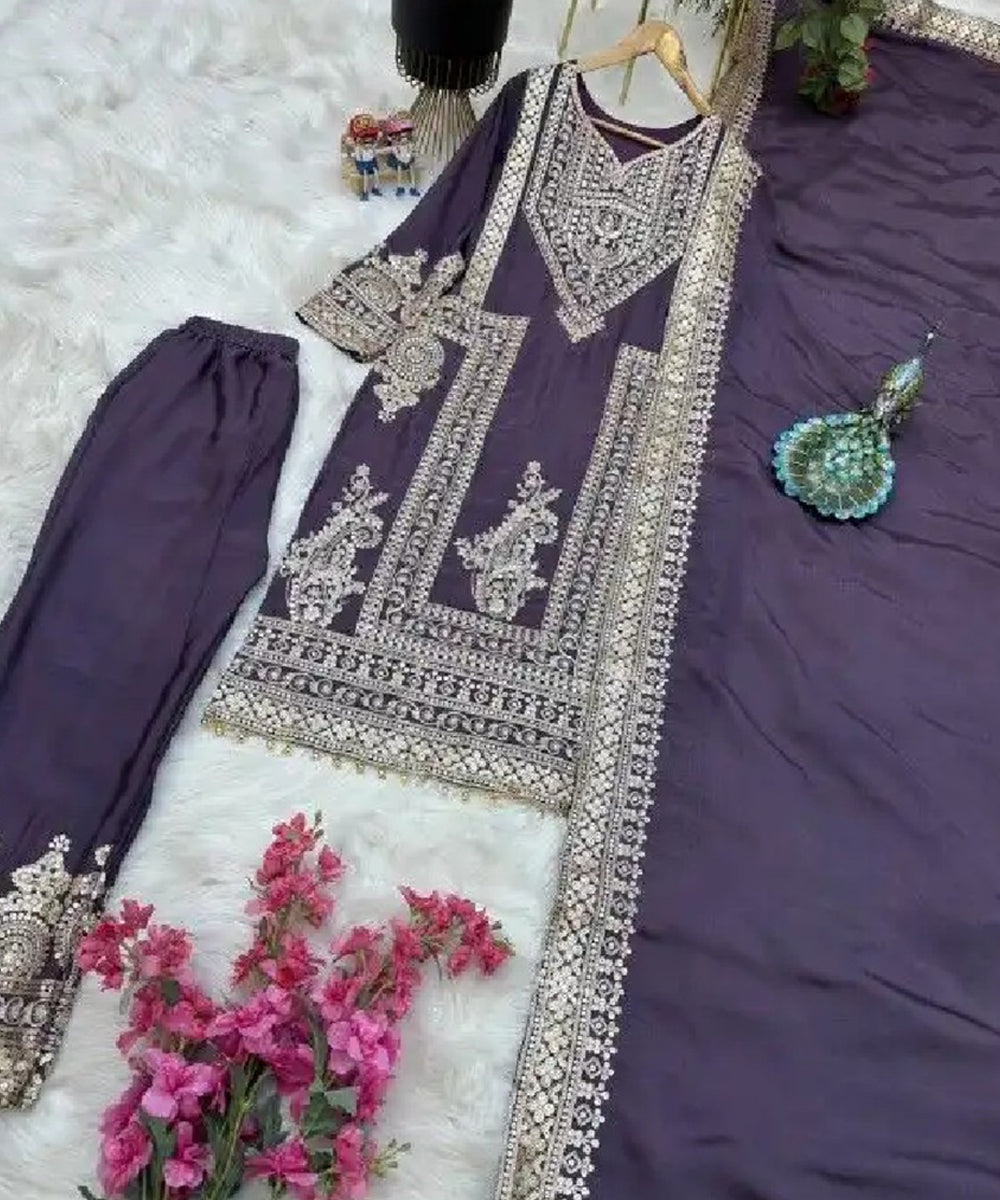 Purple Silk Embroidered Kurta with Pant and Dupatta