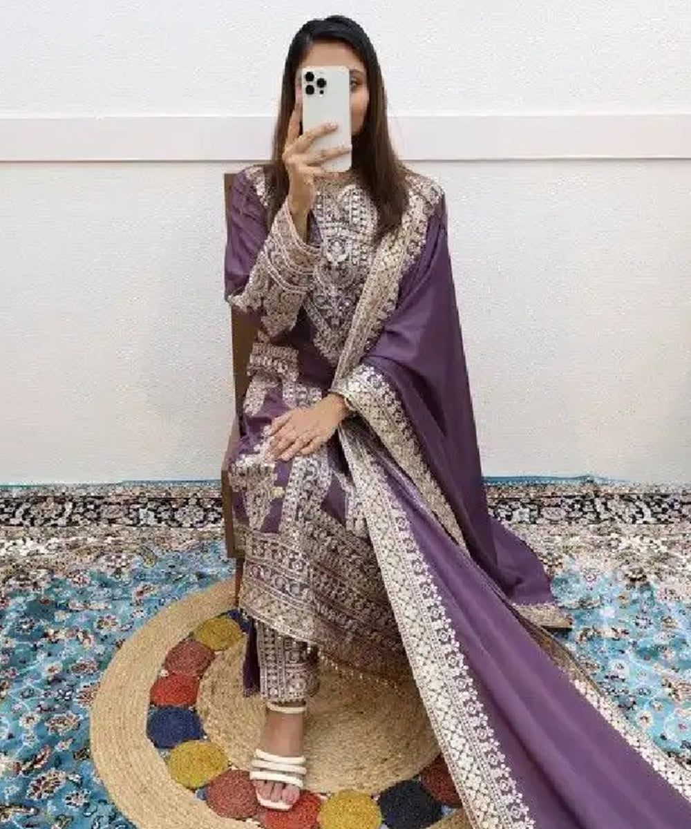Purple Silk Embroidered Kurta with Pant and Dupatta