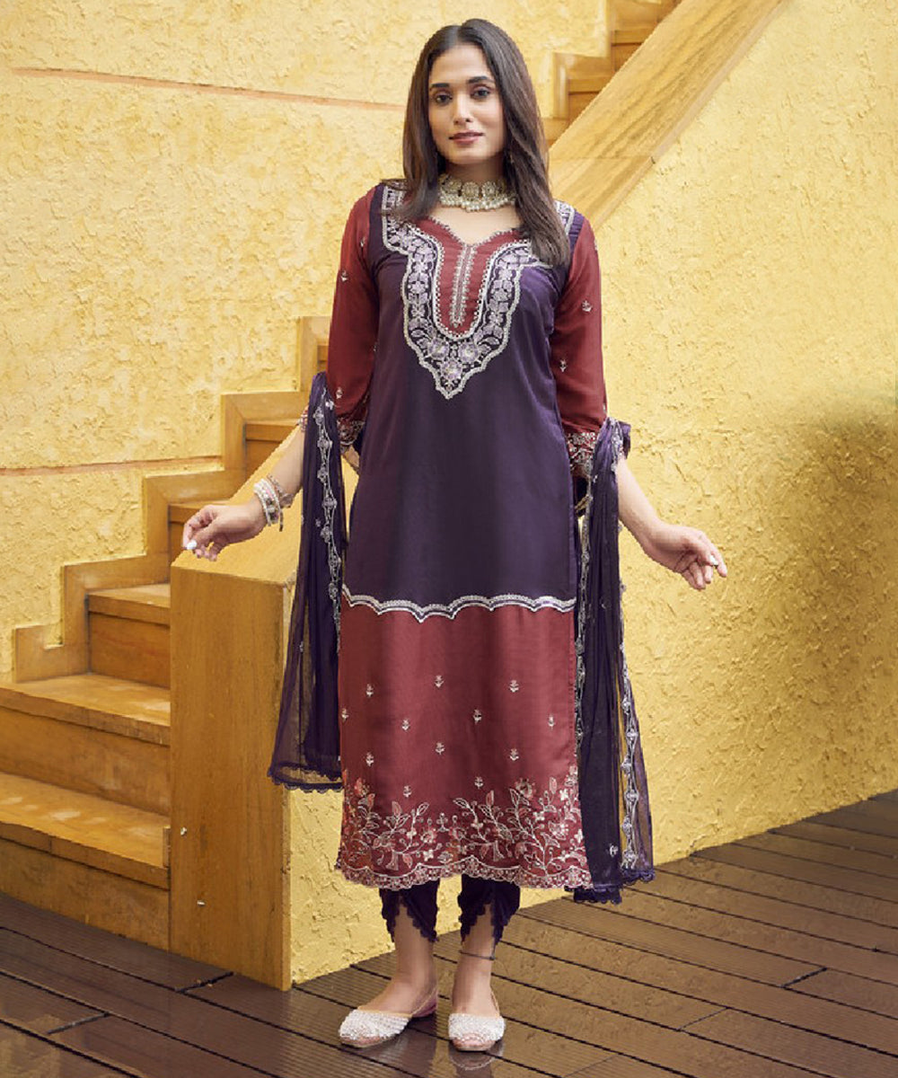Purple Embroidered Kurta with Pant and Dupatta