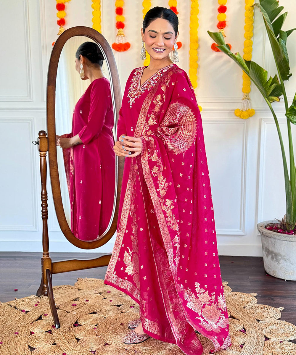 Embroidered Viscose Chanderi Straight Kurta Pant Set with Dupatta