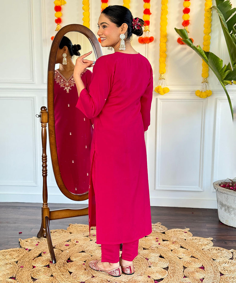 Embroidered Viscose Chanderi Straight Kurta Pant Set with Dupatta
