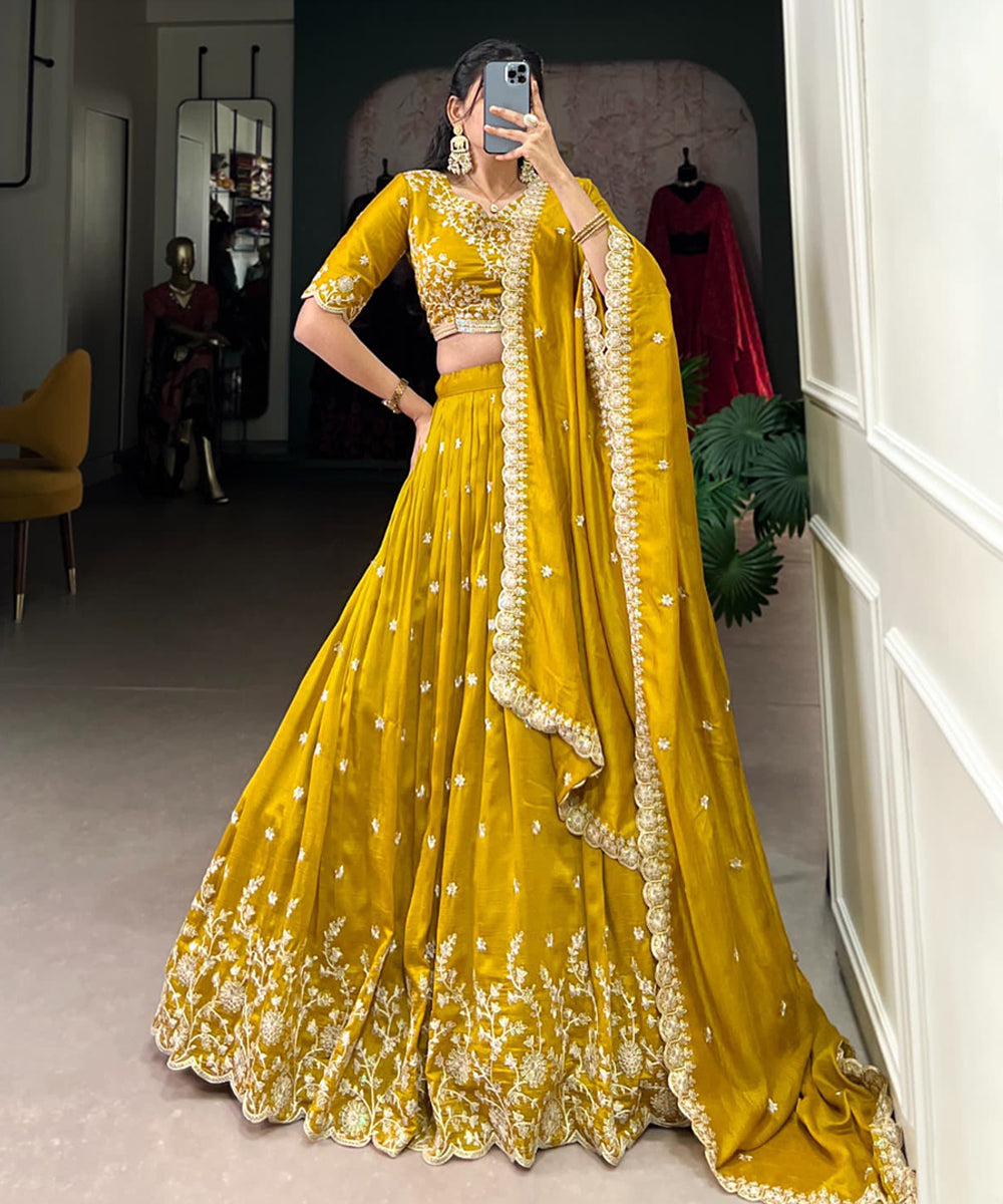 Yellow Viscose Jacquard Lehenga Choli with Embroidered Sequins Unstitched