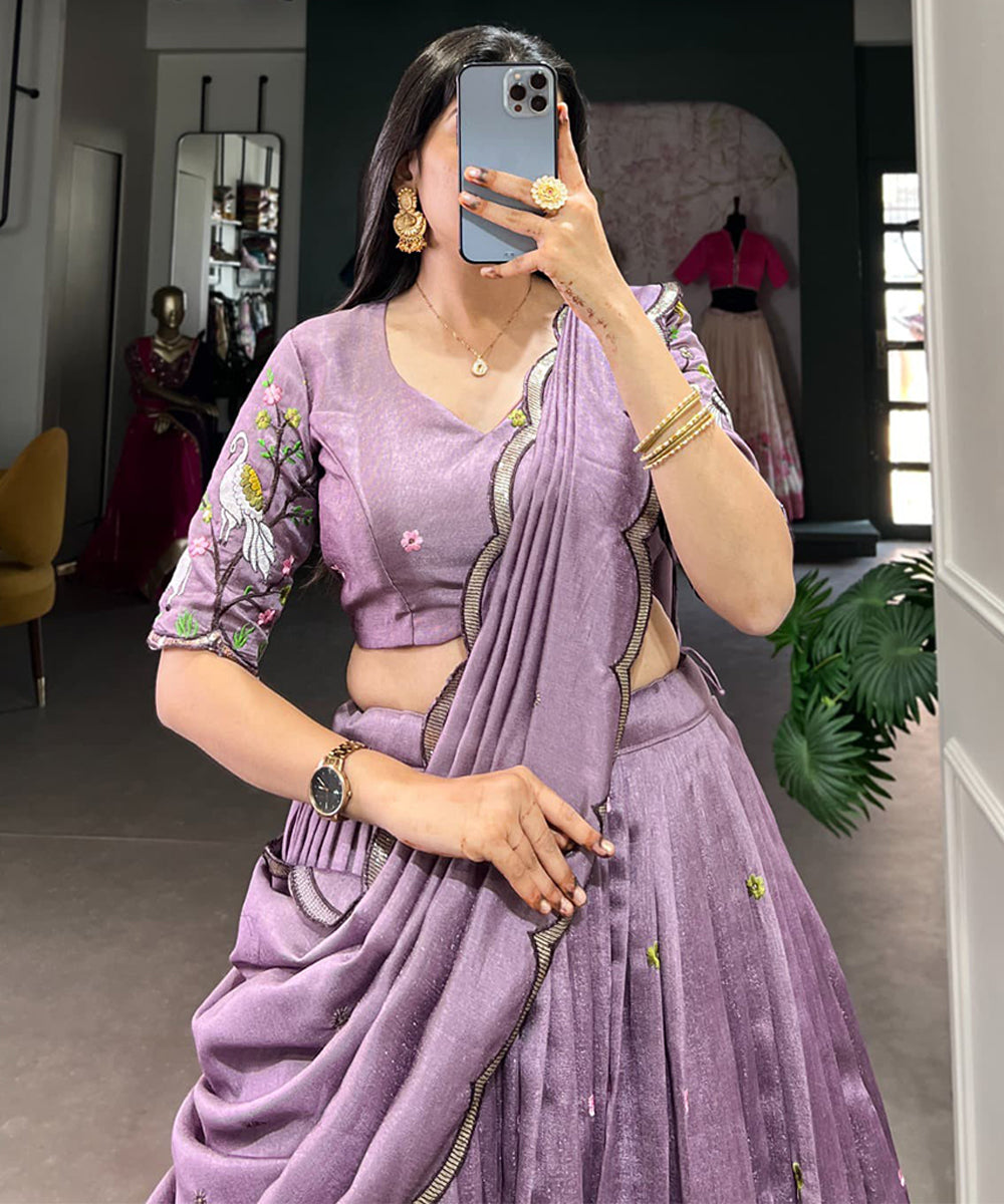 Lavender Vichitra Lehenga Choli with Sequins and Thread Embroidery Unstitched