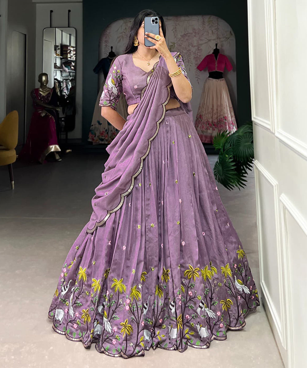 Lavender Vichitra Lehenga Choli with Sequins and Thread Embroidery Unstitched