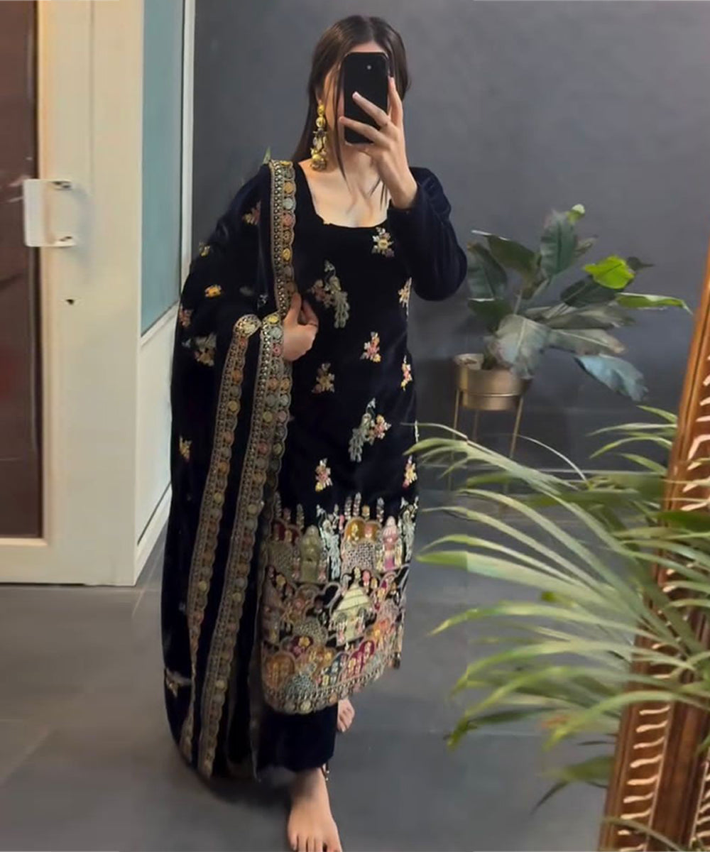 Black Chinnon Silk Embroidered Sequin Kurta Set with Dupatta