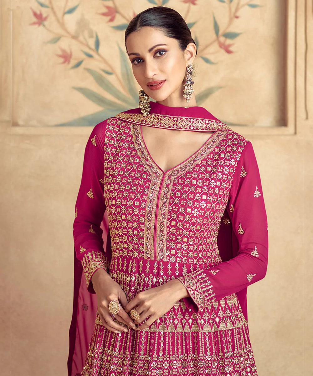 Pink Viscose Velvet Embroidered Sequin Gown with Dupatta