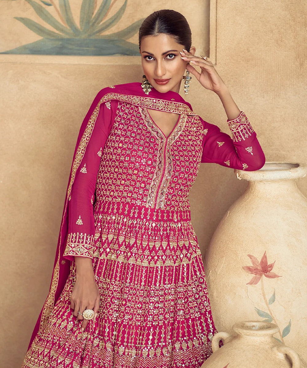 Pink Viscose Velvet Embroidered Sequin Gown with Dupatta
