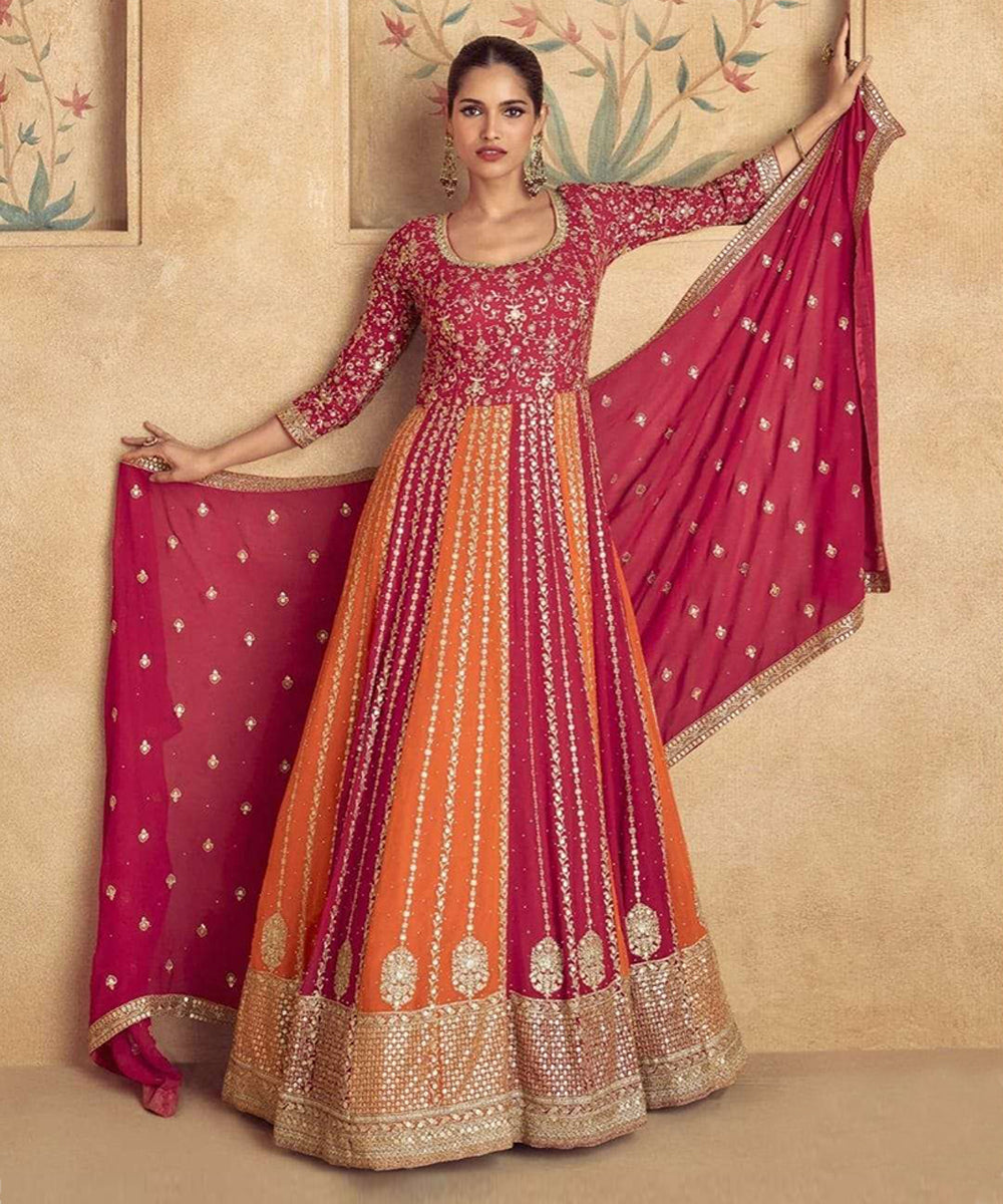 Multicolored Viscose Velvet Embroidered Sequin Gown with Dupatta