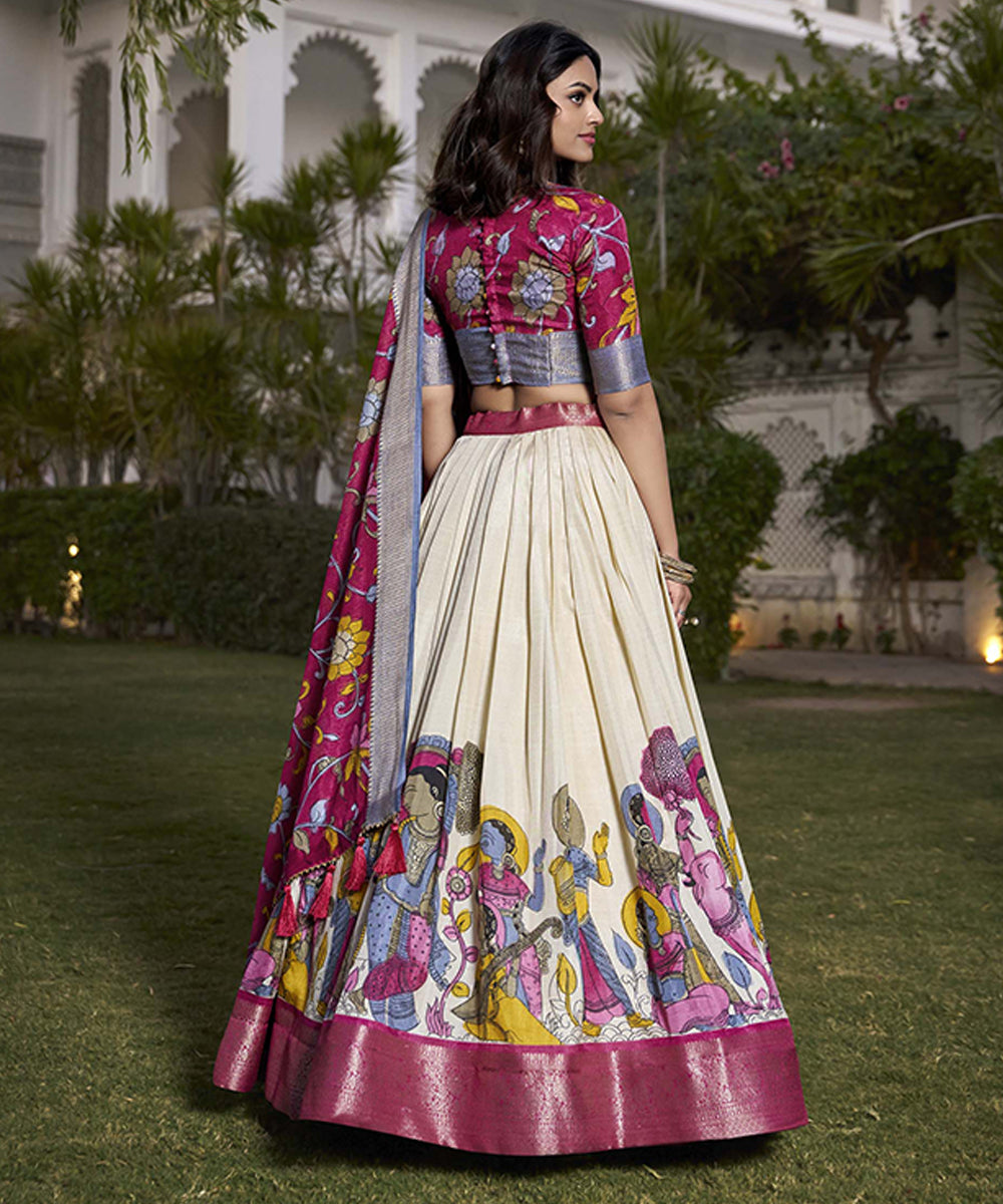 Off-White and Pink Jacquard Silk Lehenga Choli with Dupatta Unstitched