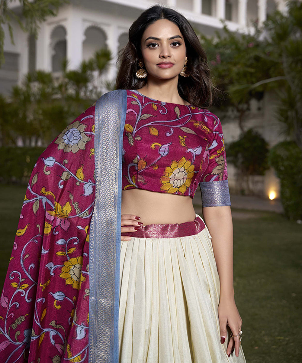 Off-White and Pink Jacquard Silk Lehenga Choli with Dupatta Unstitched