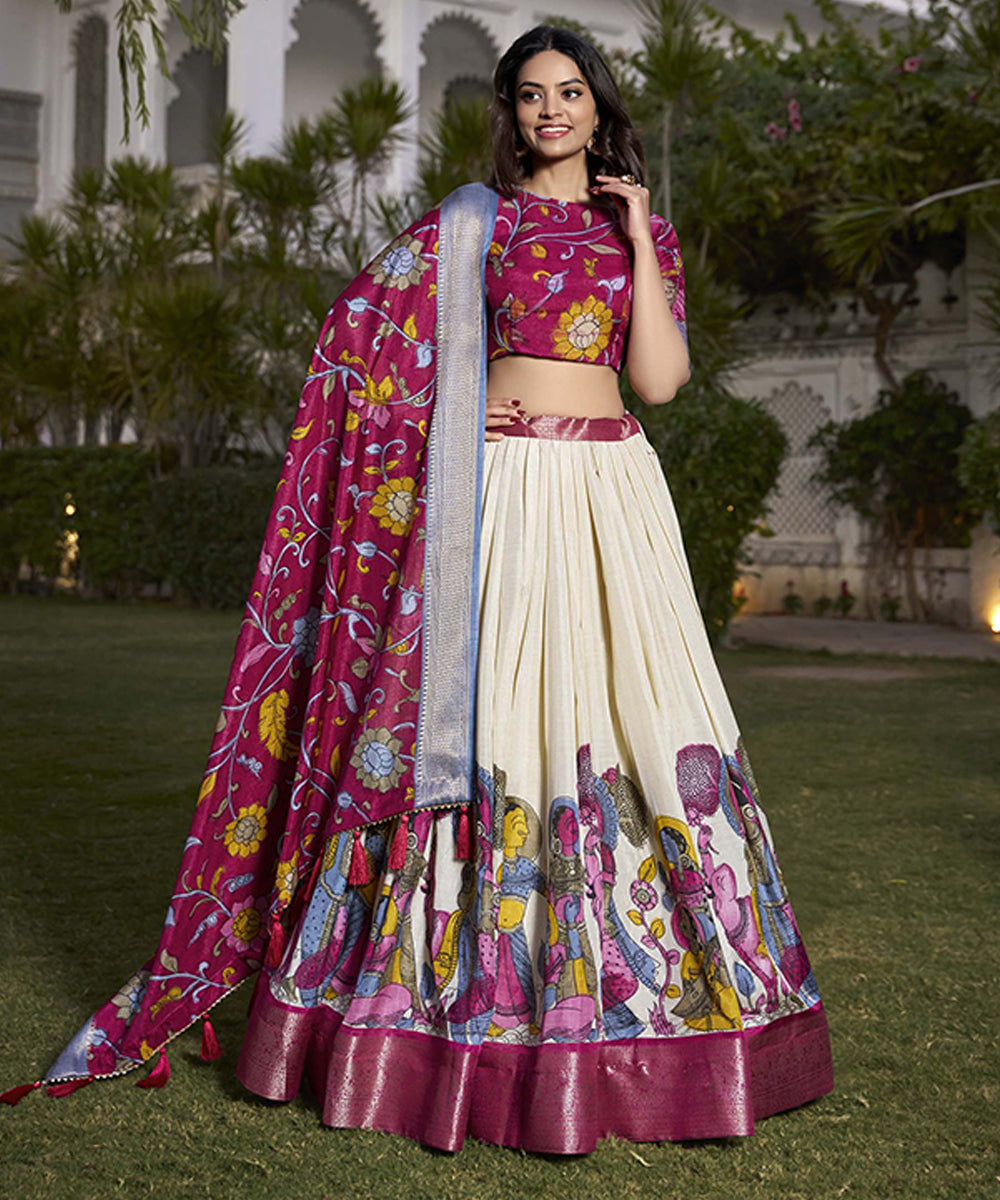 Off-White and Pink Jacquard Silk Lehenga Choli with Dupatta Unstitched