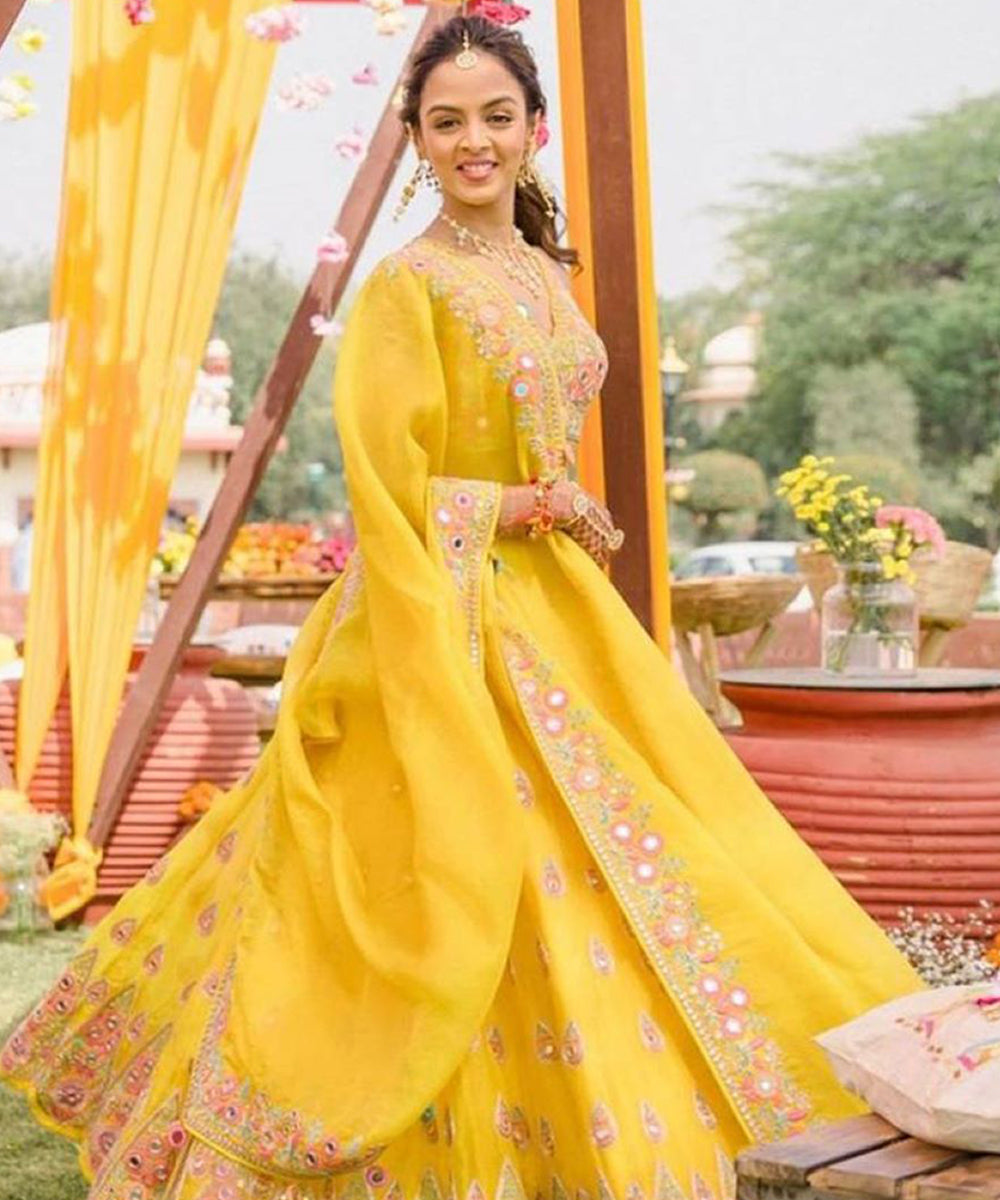 Yellow Embroidered Mirror Sequin Lehenga Choli with Dupatta Unstitched