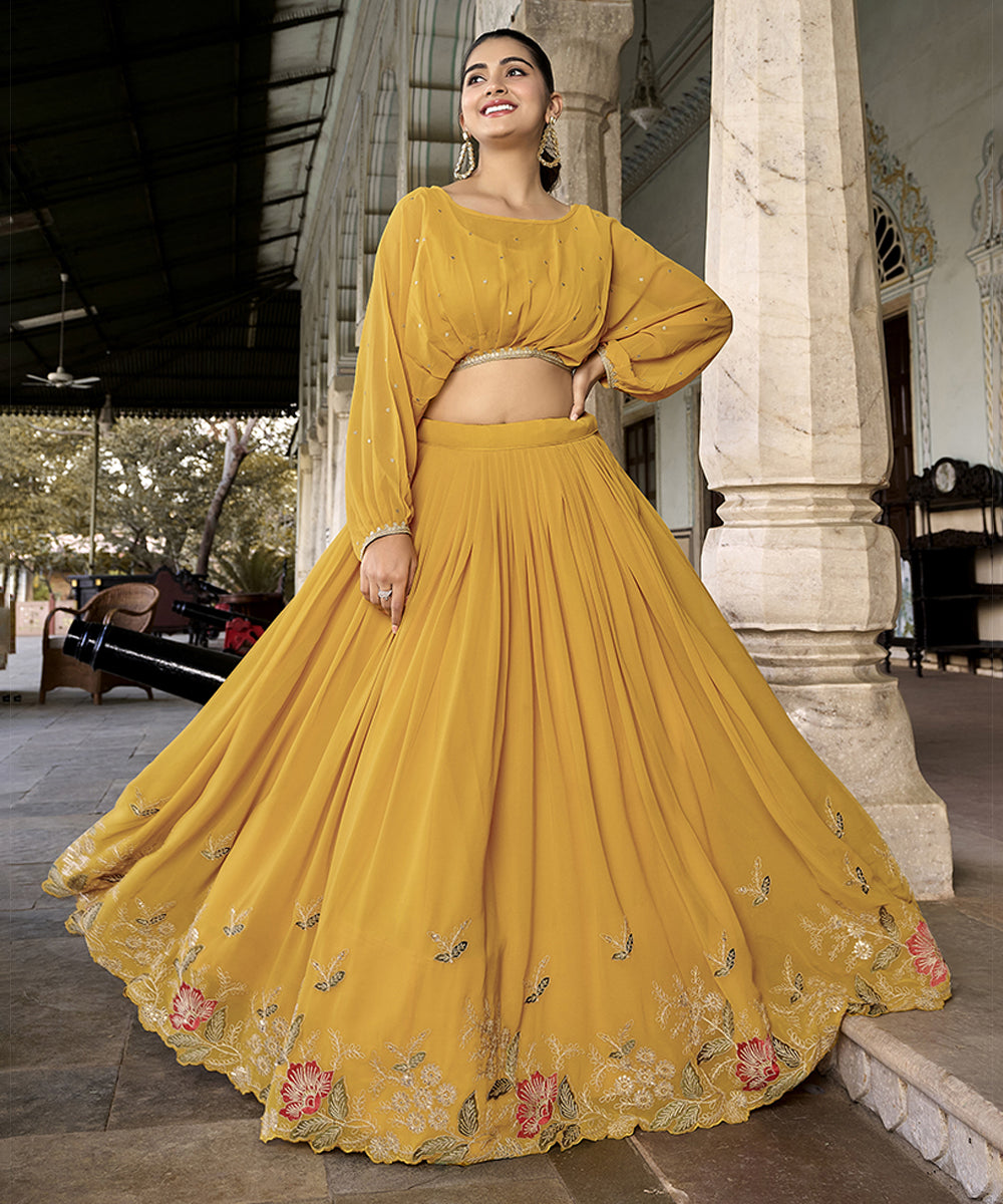 Sequins & Thread Embroidered Georgette Cord Set Lehenga Unstitched