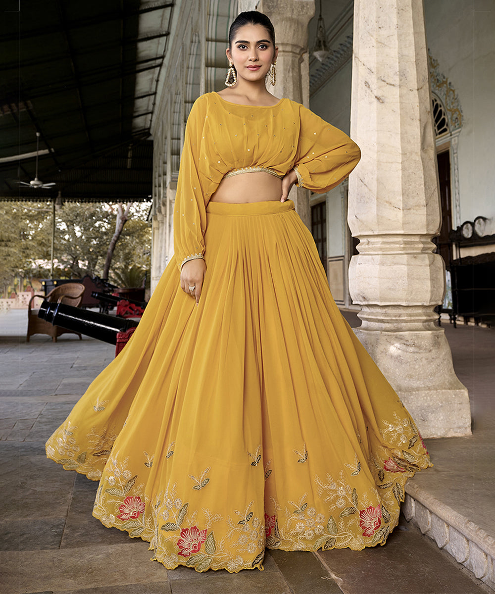 Sequins & Thread Embroidered Georgette Cord Set Lehenga Unstitched