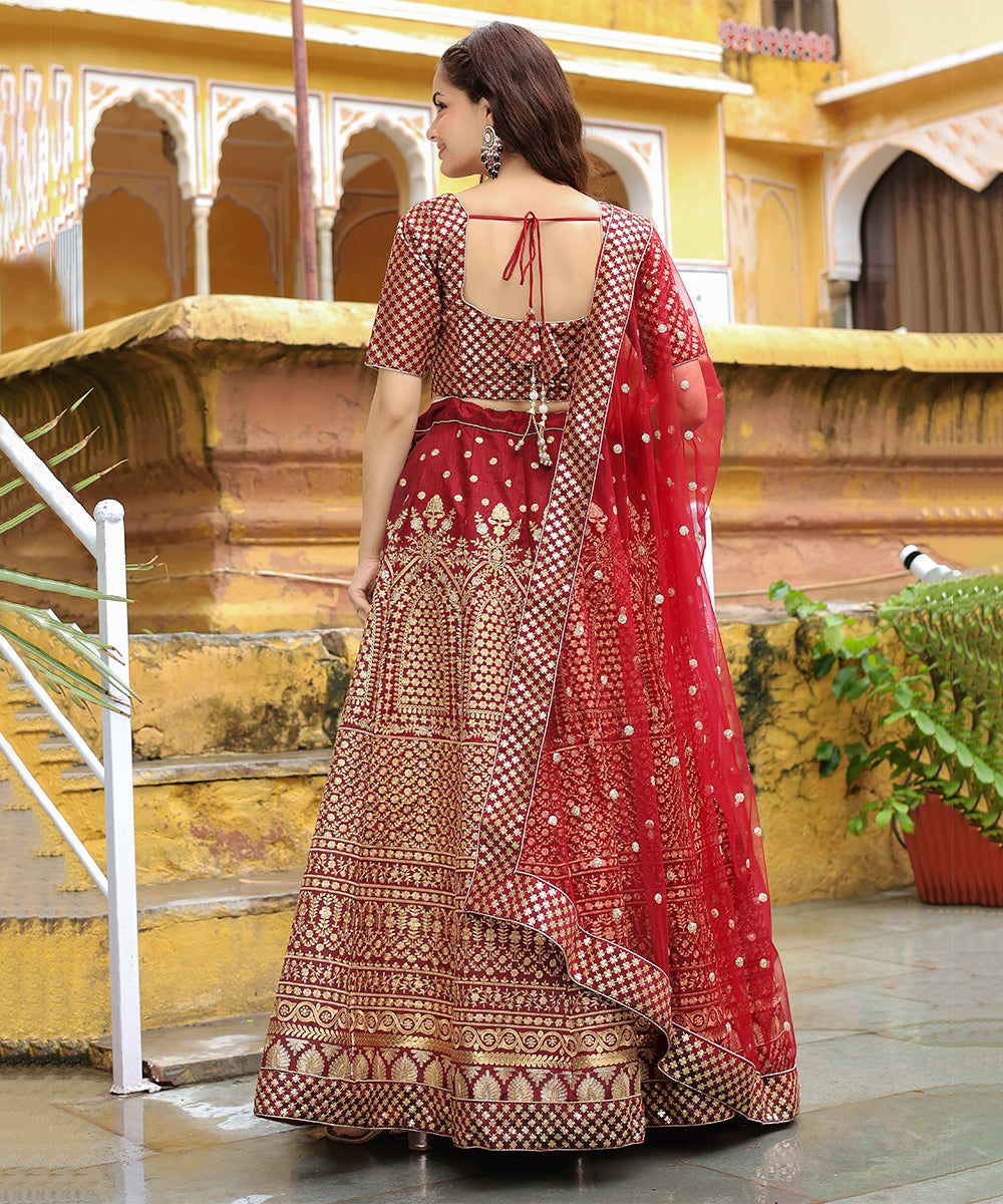 Maroon Sequins Raw Silk Bridal Lehenga Choli with Dupatta Unstitched