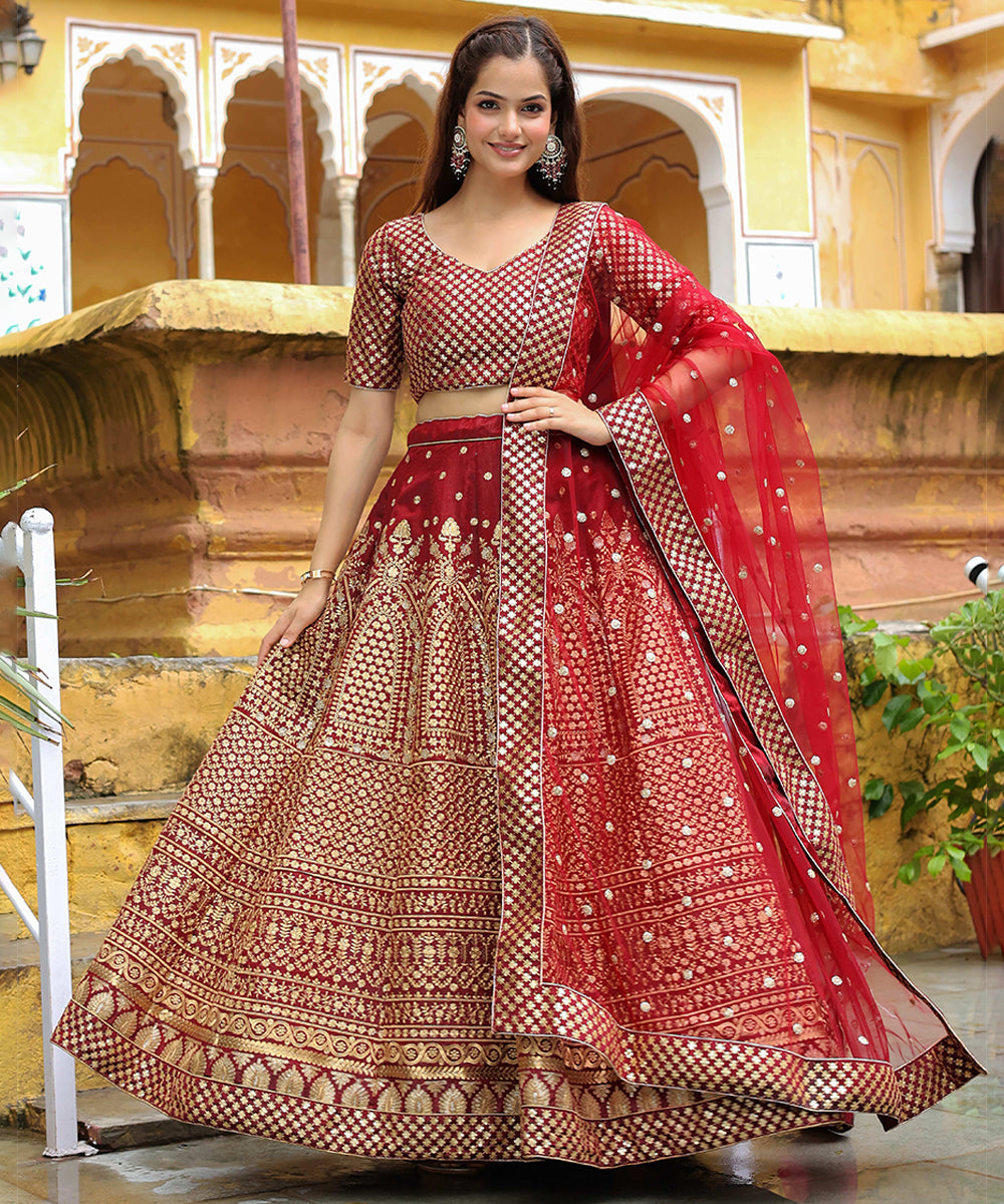 Maroon Sequins Raw Silk Bridal Lehenga Choli with Dupatta Unstitched