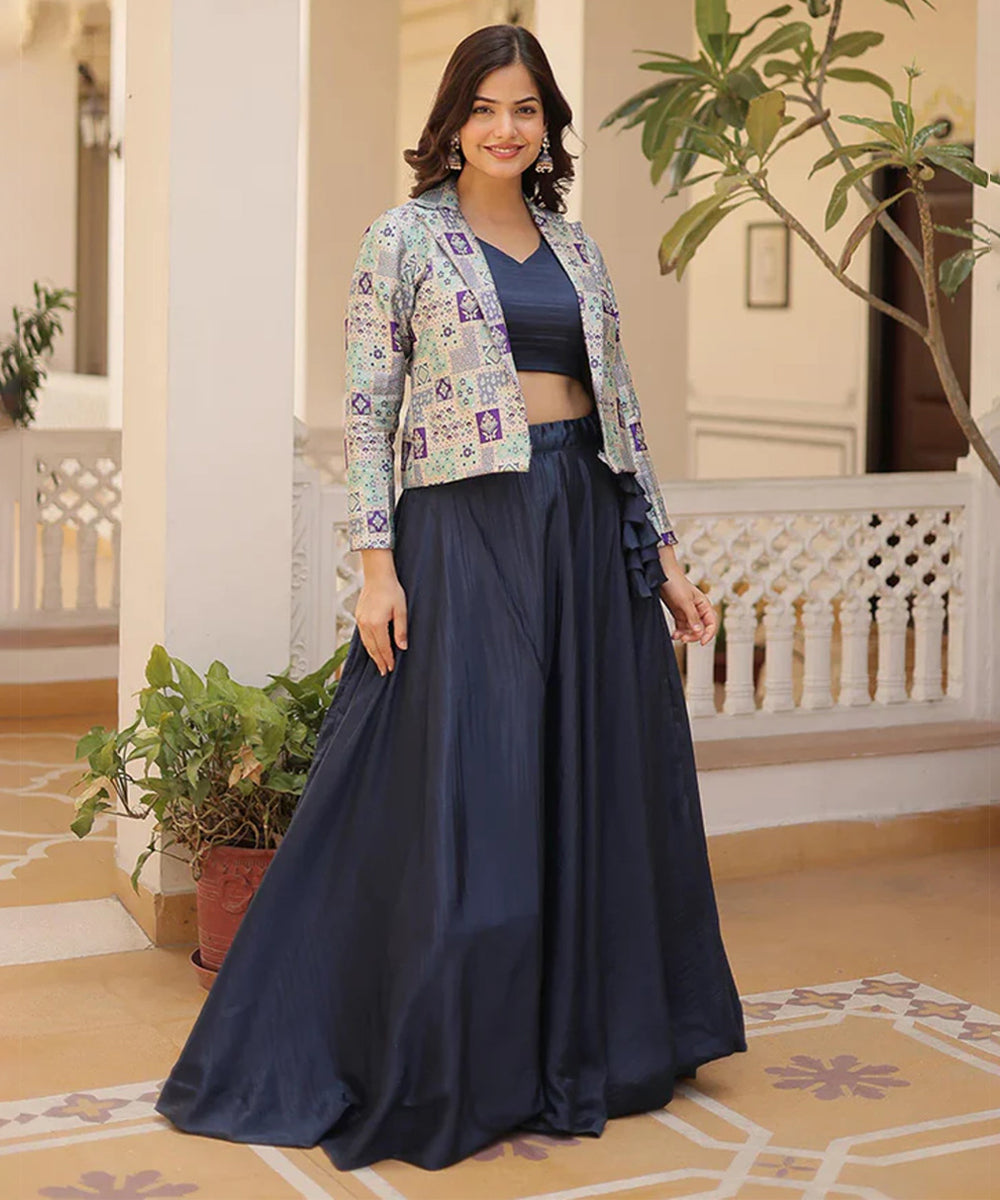 Navy Blue Jacket Style Anarkali Wedding Lehenga Choli Unstitched