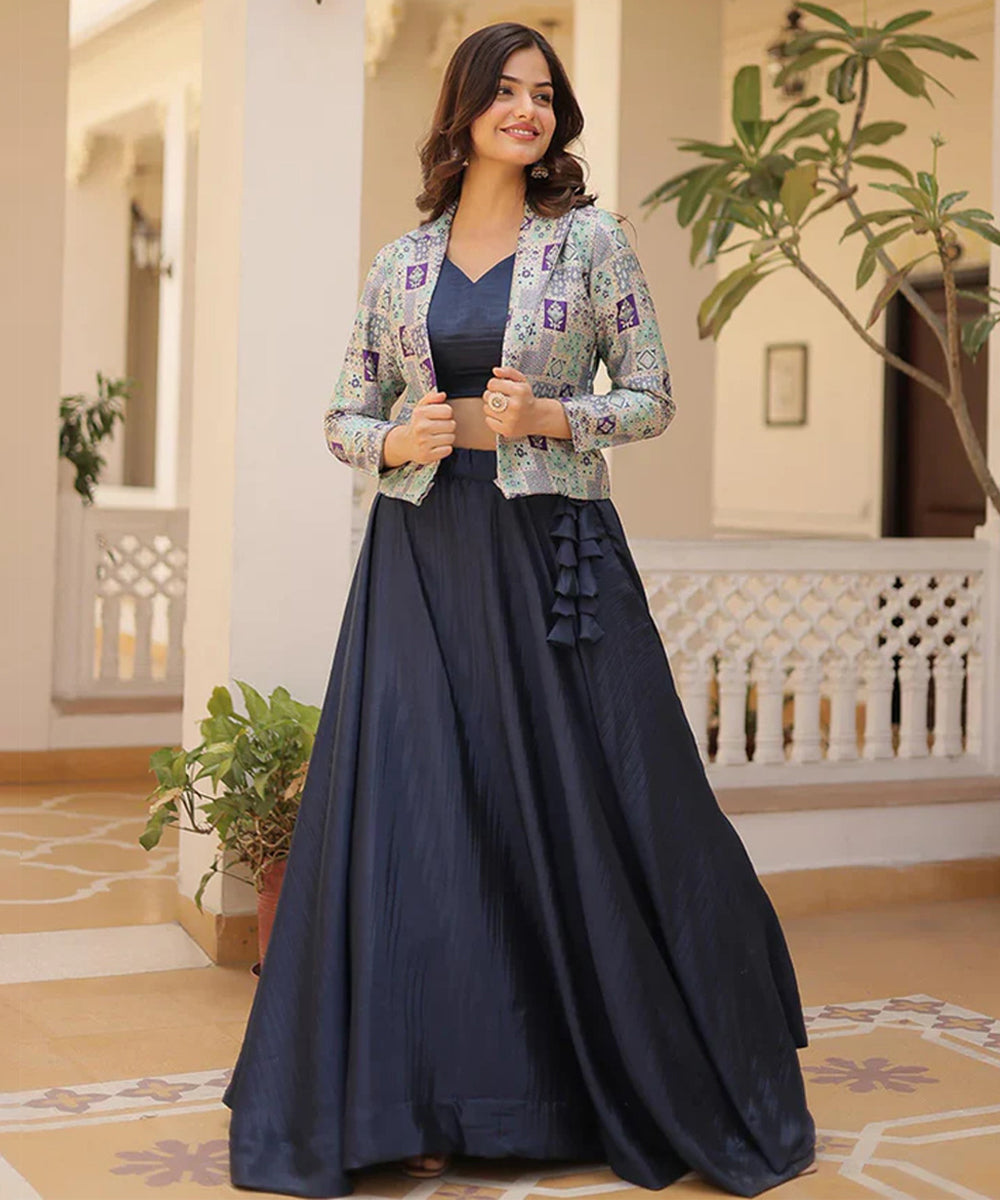 Navy Blue Jacket Style Anarkali Wedding Lehenga Choli Unstitched