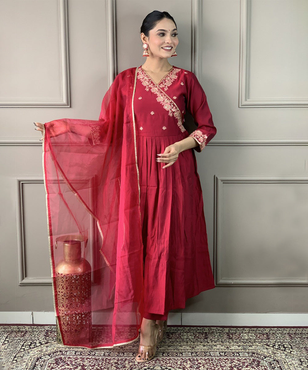 Salwar Red Viscose Embroidery