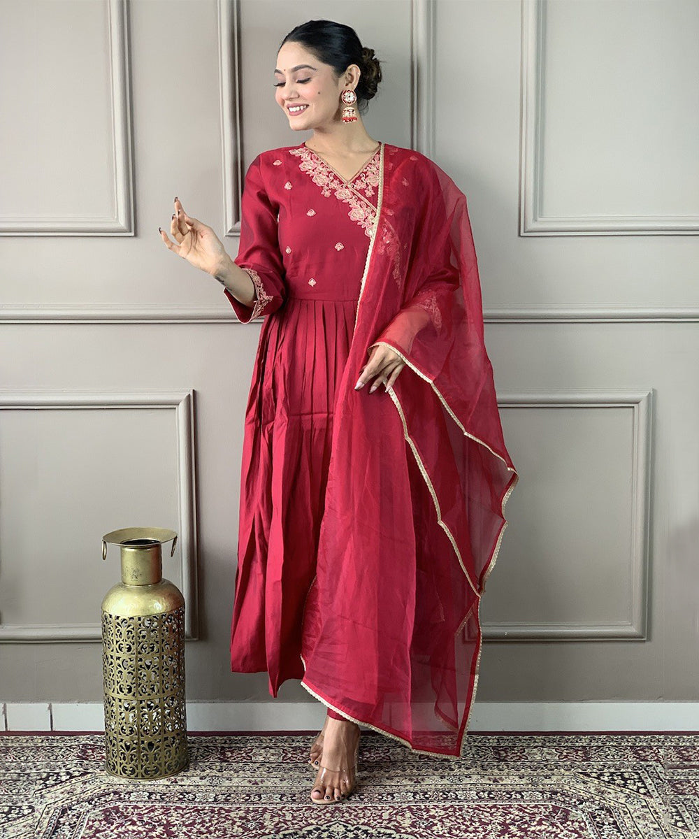 Salwar Red Viscose Embroidery
