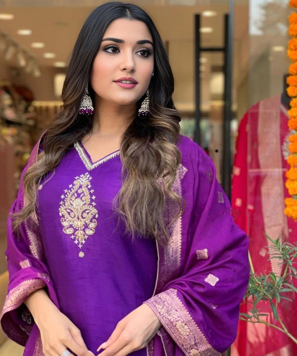 Salwar Purple Viscose Embroidery