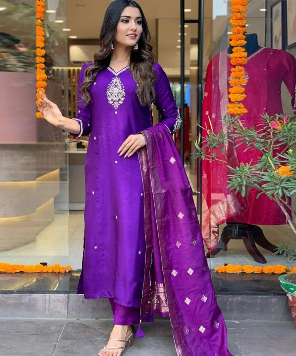 Salwar Purple Viscose Embroidery