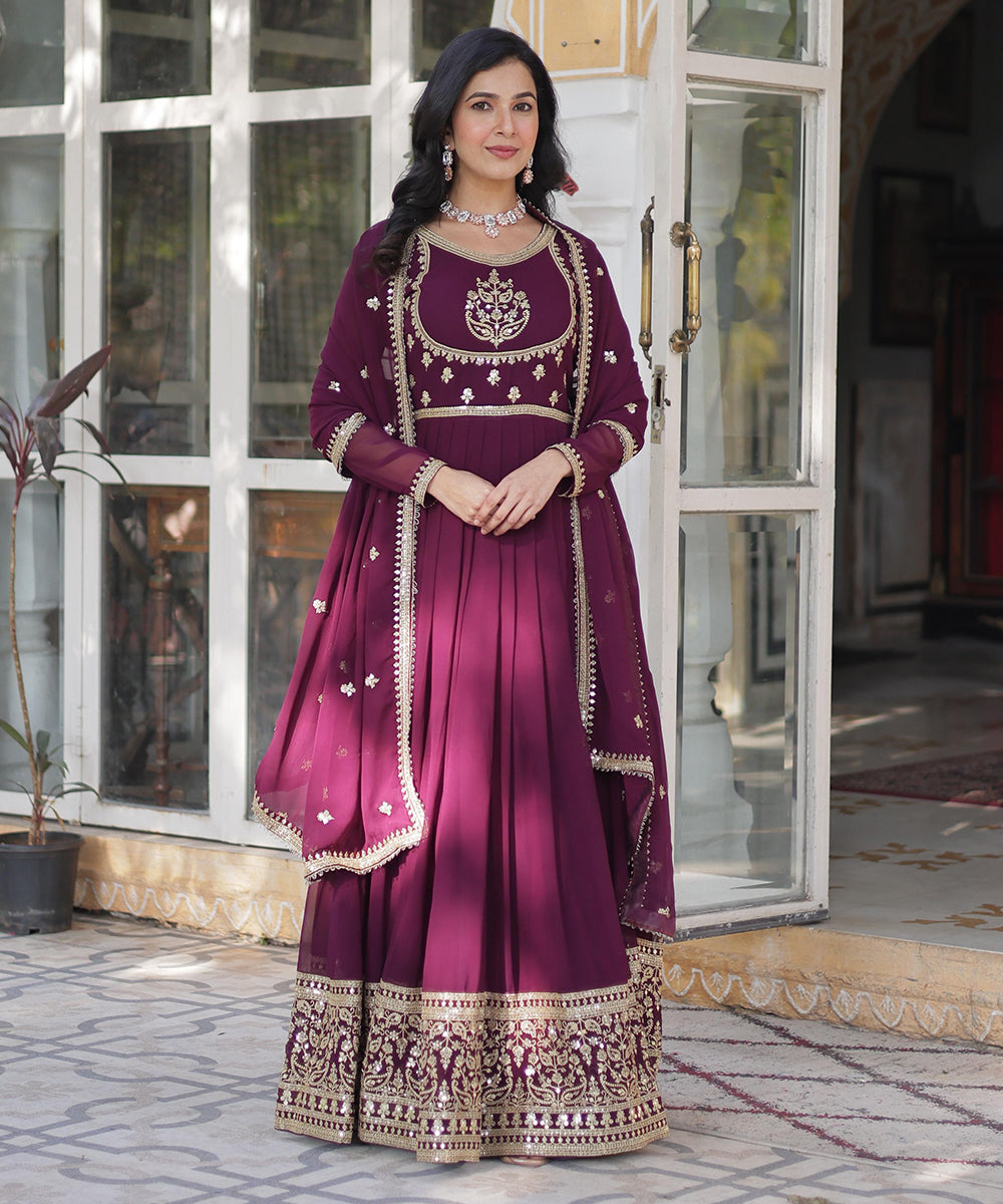 Anarkali Purple Sequins Work