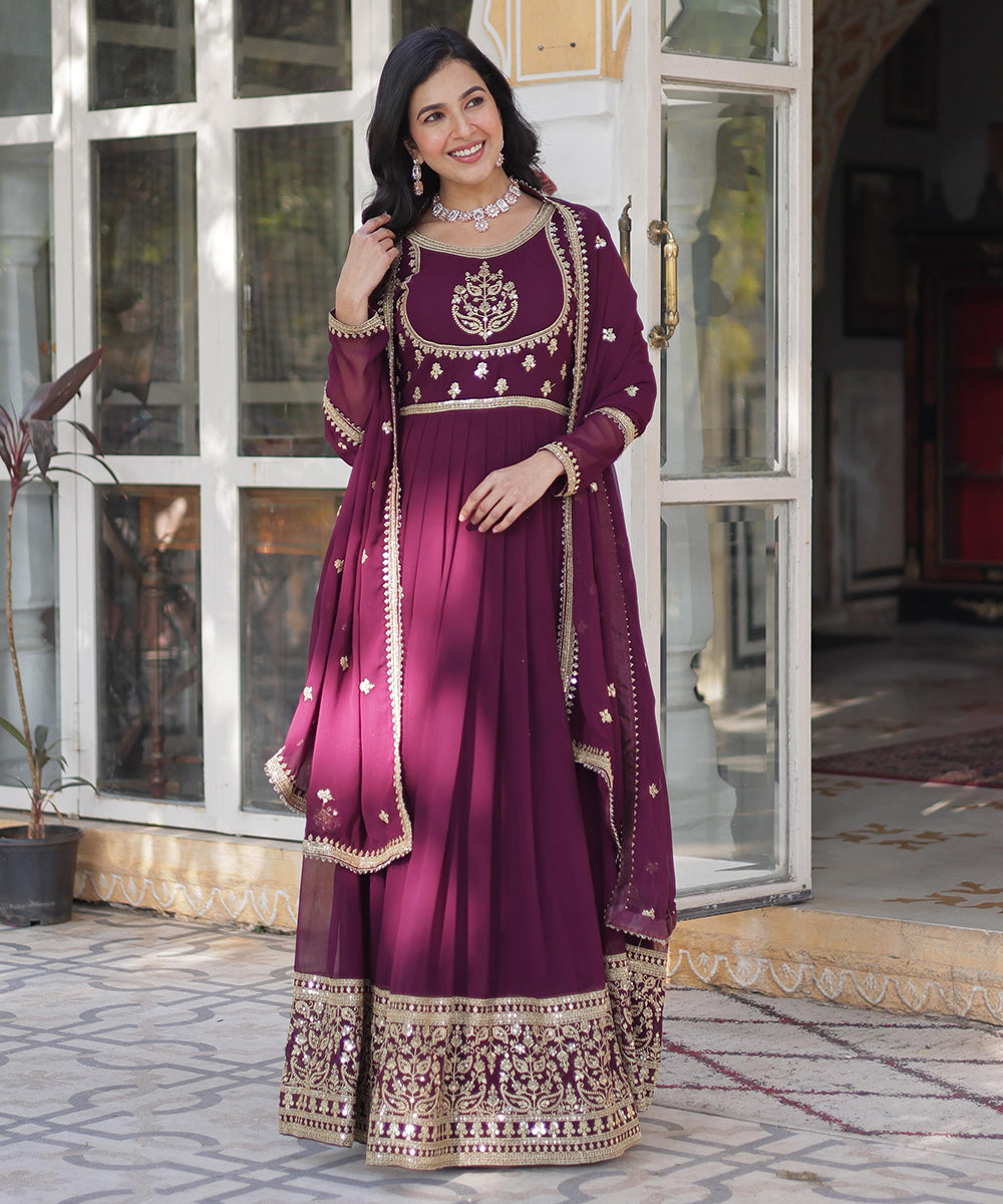 Anarkali Purple Sequins Work