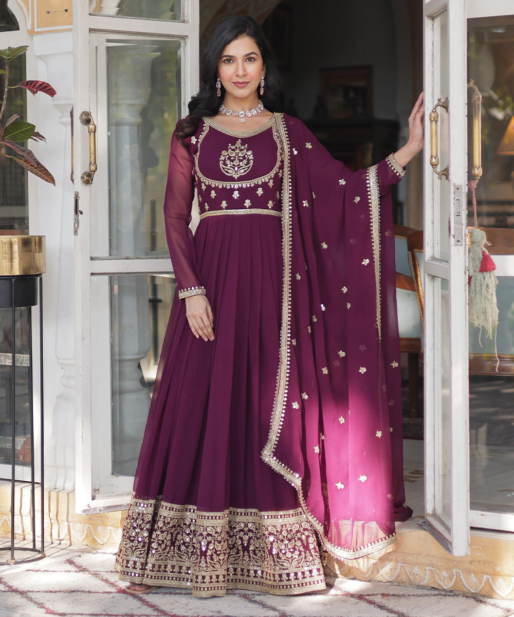 Anarkali Purple Sequins Work
