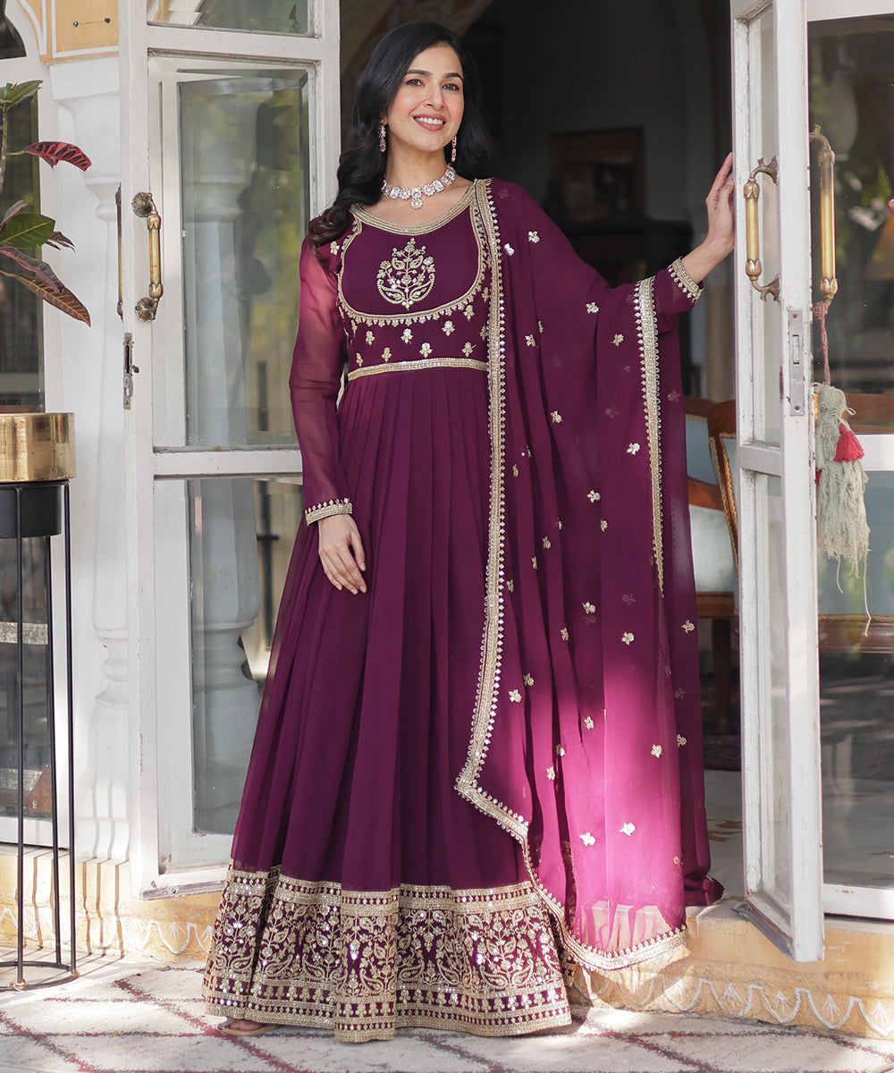Anarkali Purple Sequins Work