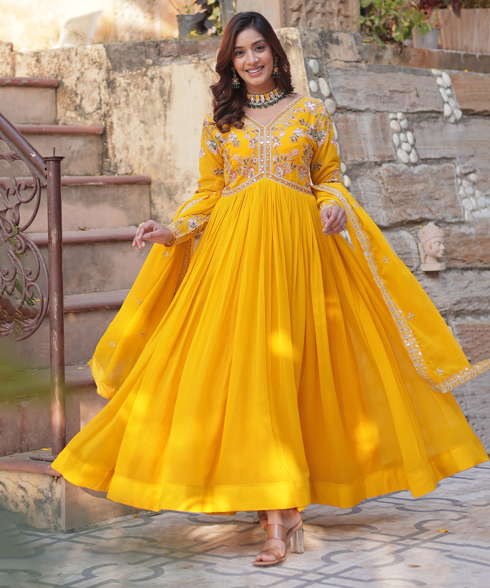 Anarkali Yellow Zari Sequins