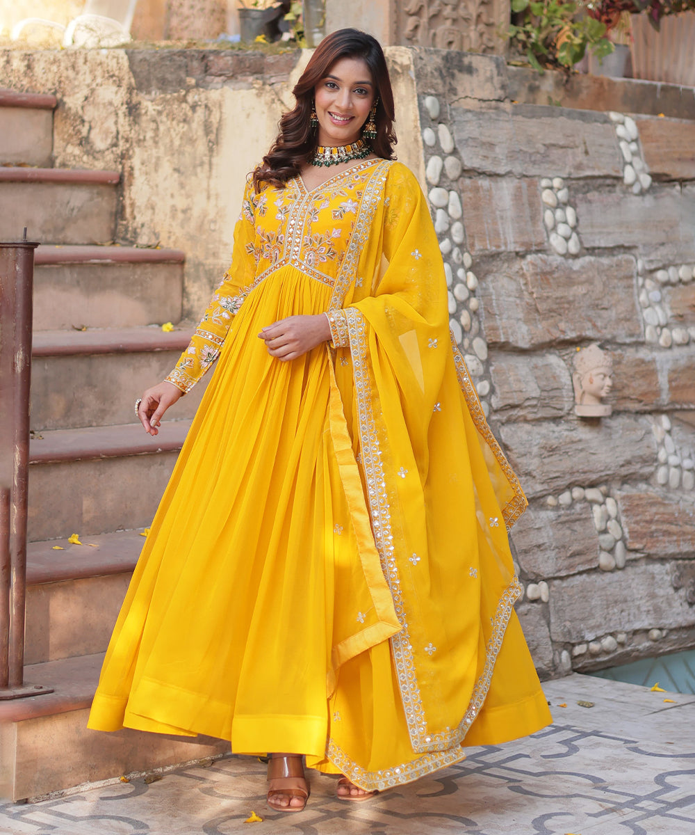 Anarkali Yellow Zari Sequins
