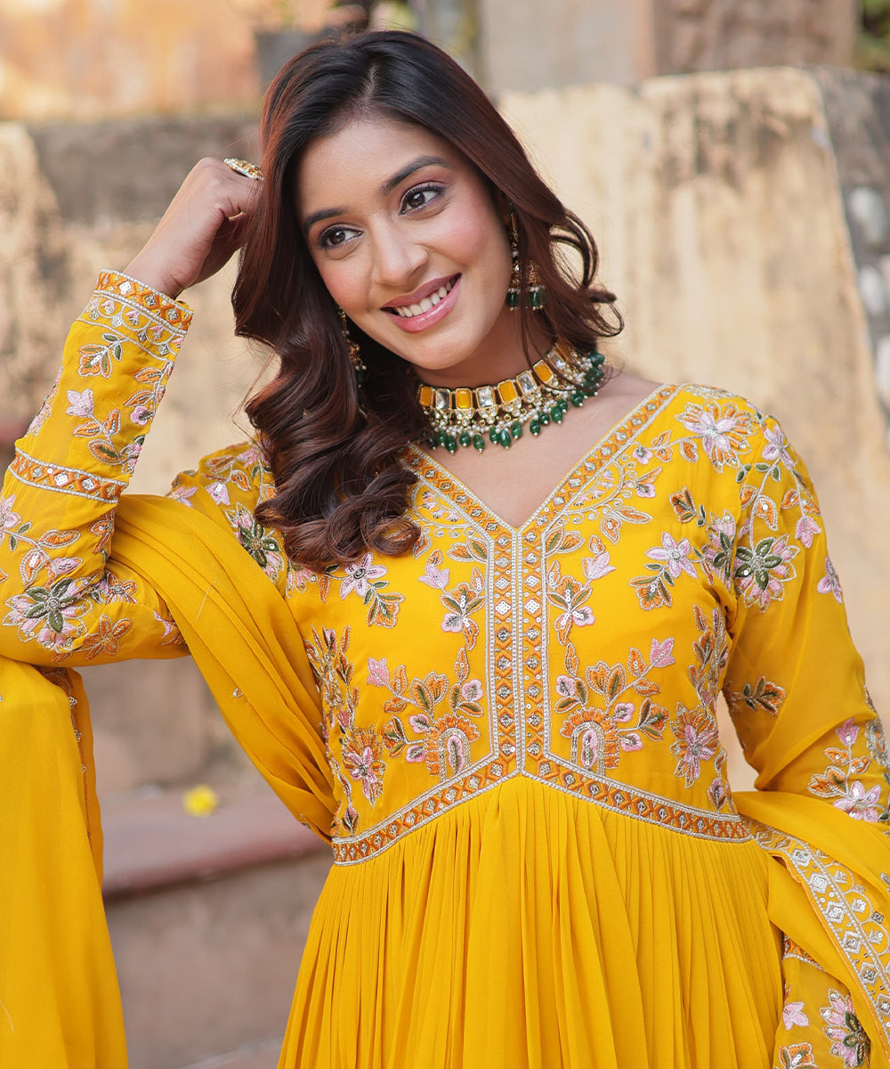 Anarkali Yellow Zari Sequins