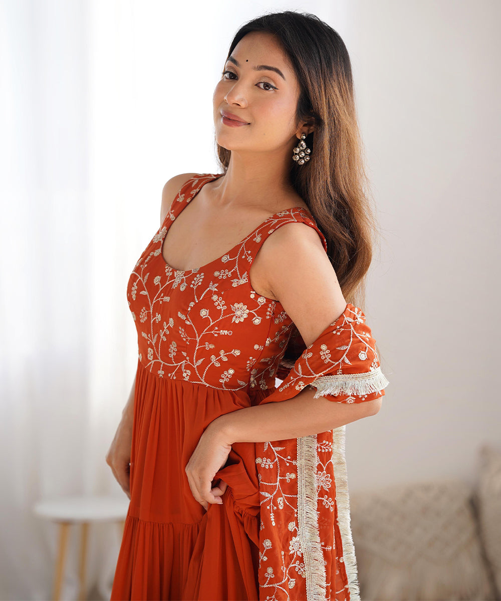 Anarkali Orange Georgette Work