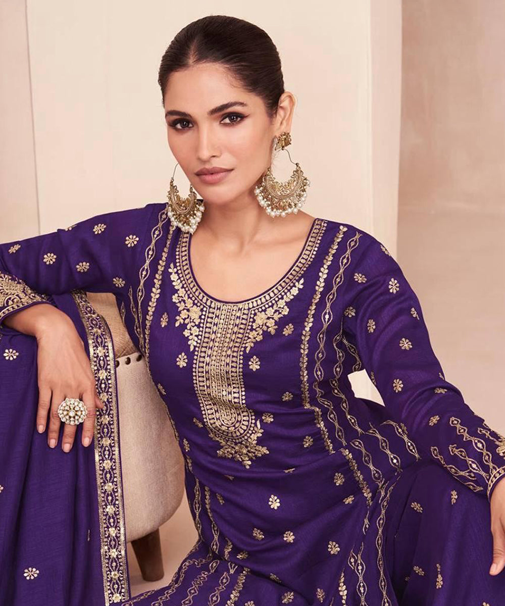 Salwar Purple Silk Blend Work