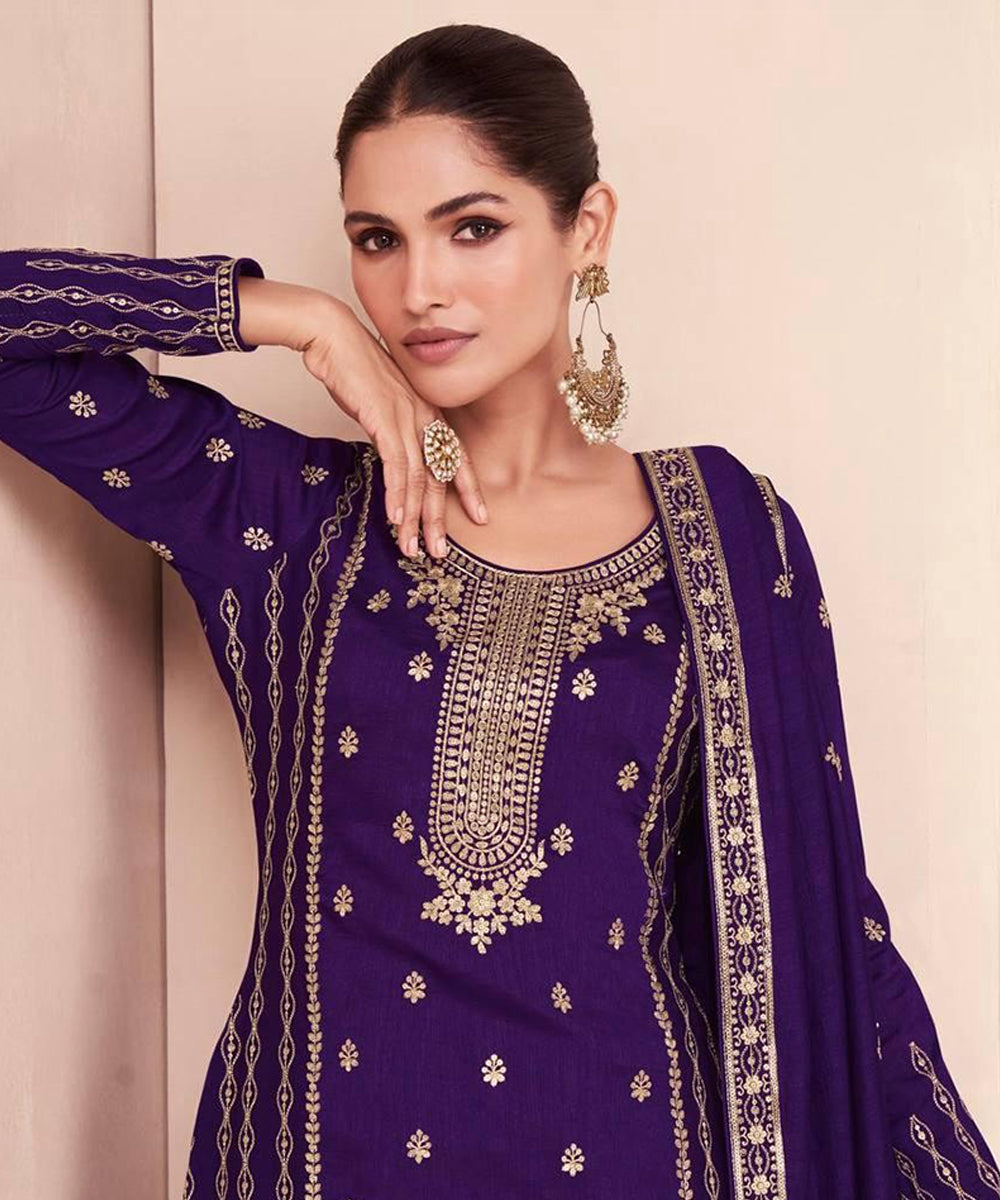 Salwar Purple Silk Blend Work
