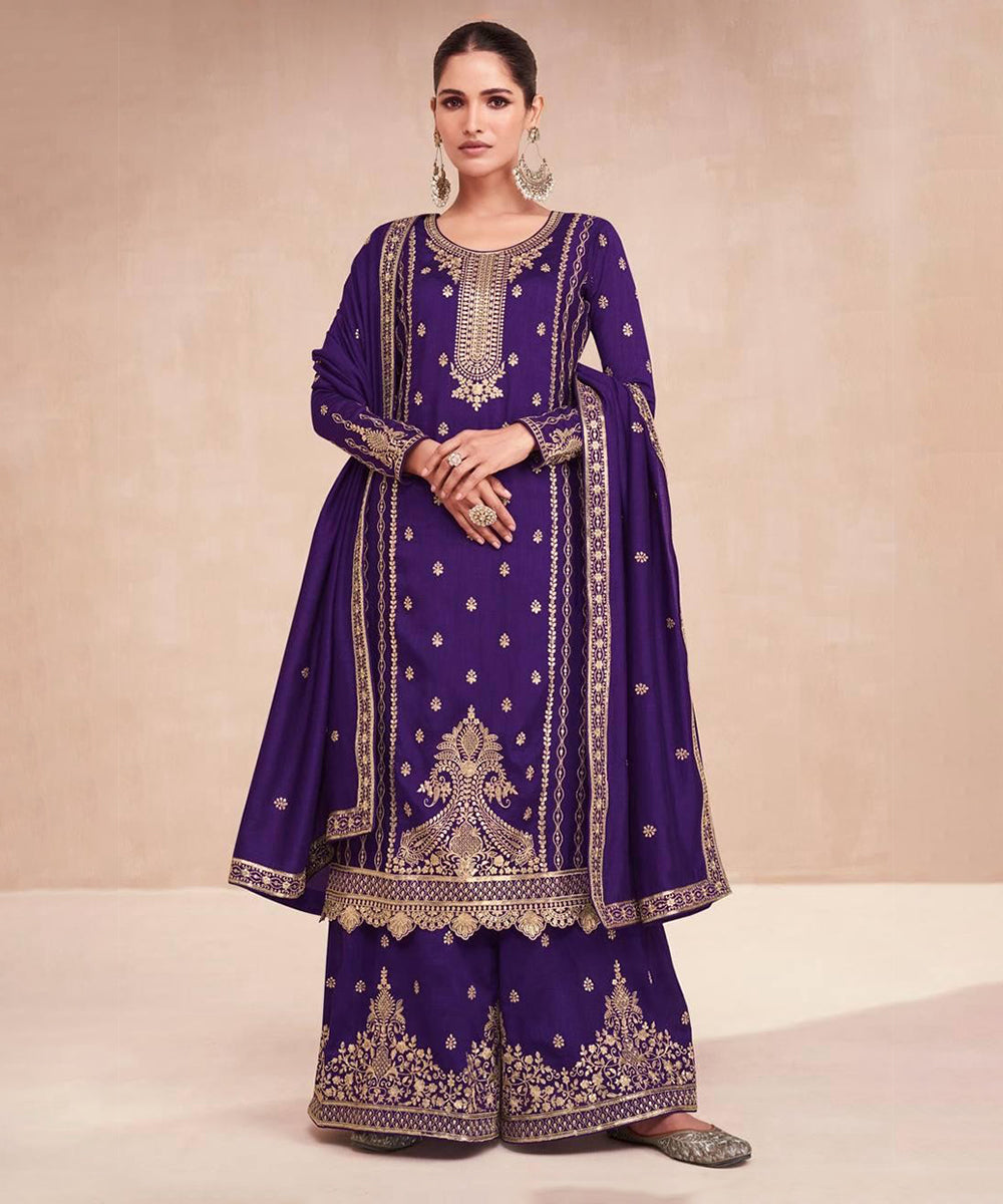 Salwar Purple Silk Blend Work