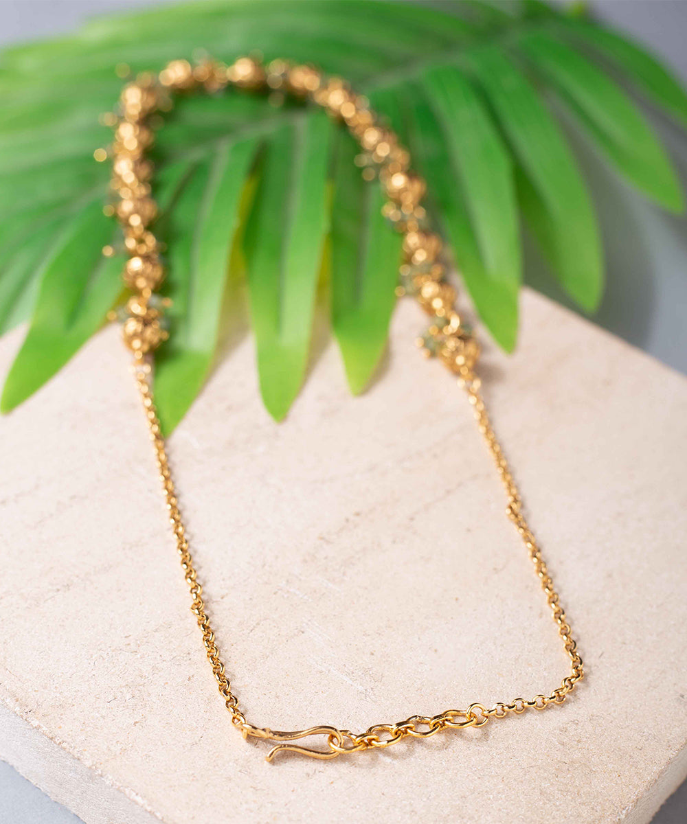 Necklace Golden Bead Green Gem