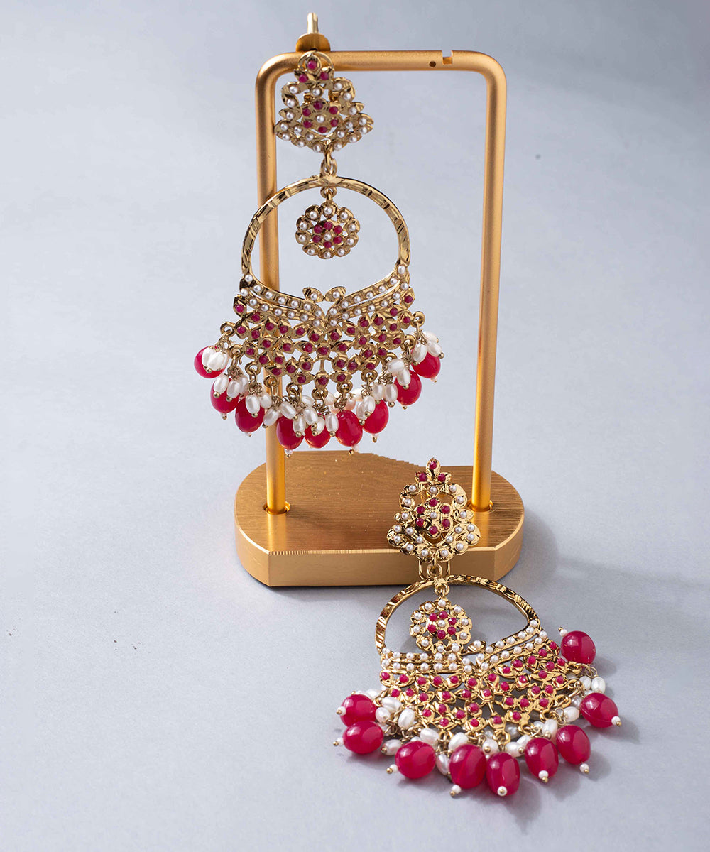 Earrings Pink Polki Chandbali