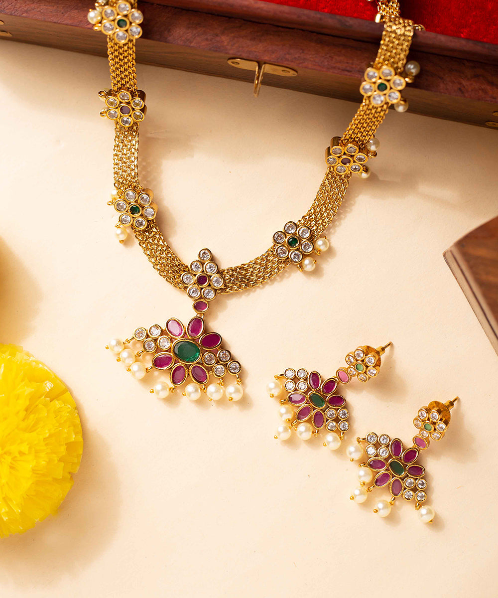 Necklace Gold Floral Long Work