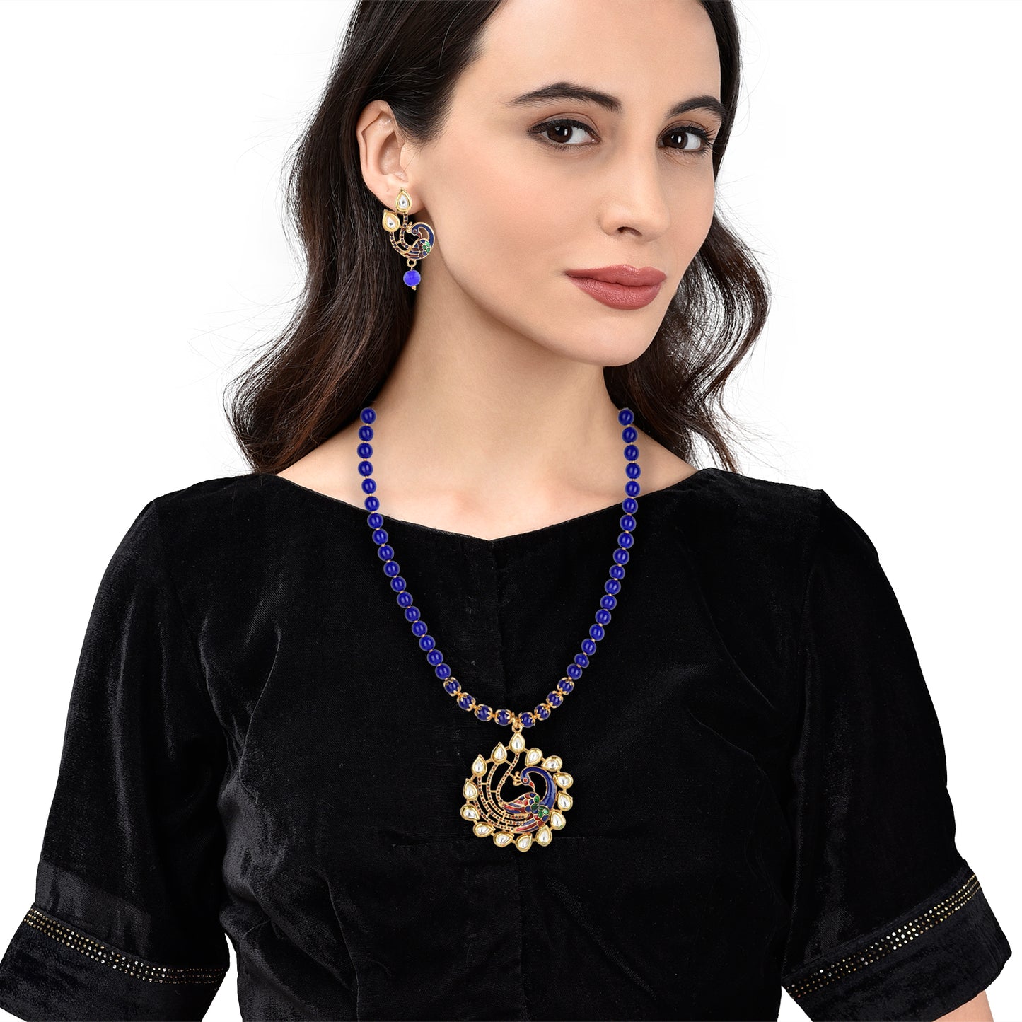 Blue Kundan Peacock Pendal Necklace Sets