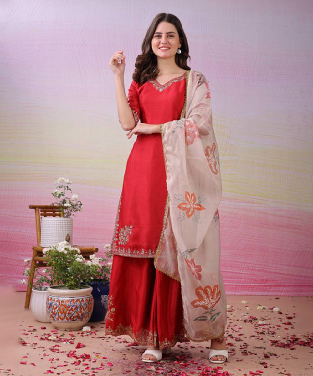 Maroon Art Silk Sequins Kurta with Pant and Dupatta