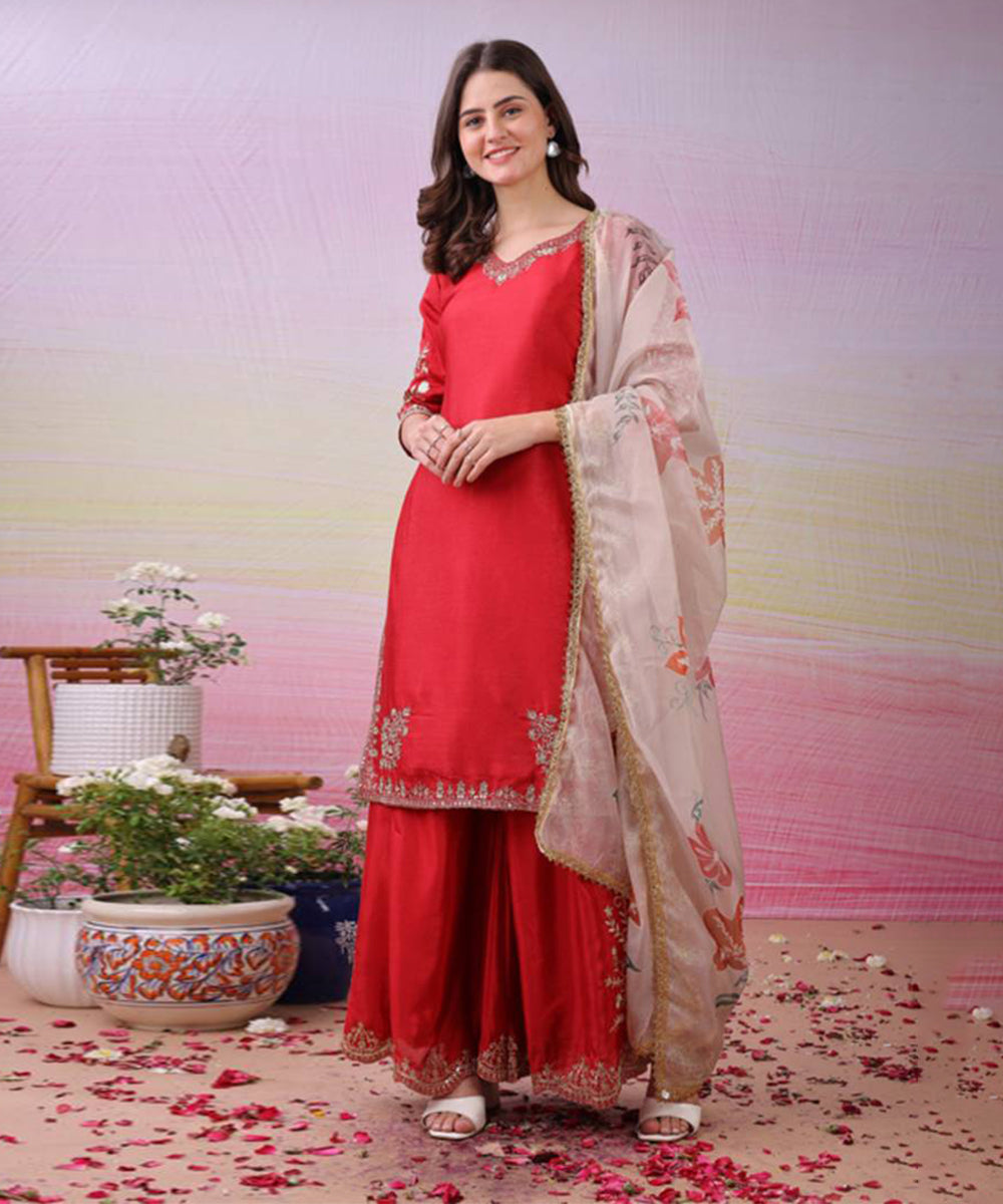 Maroon Art Silk Sequins Kurta with Pant and Dupatta