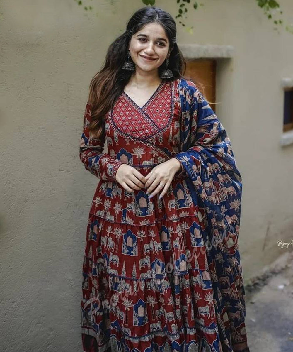 Brown Printed Cotton Kurta Pant with Dupatta