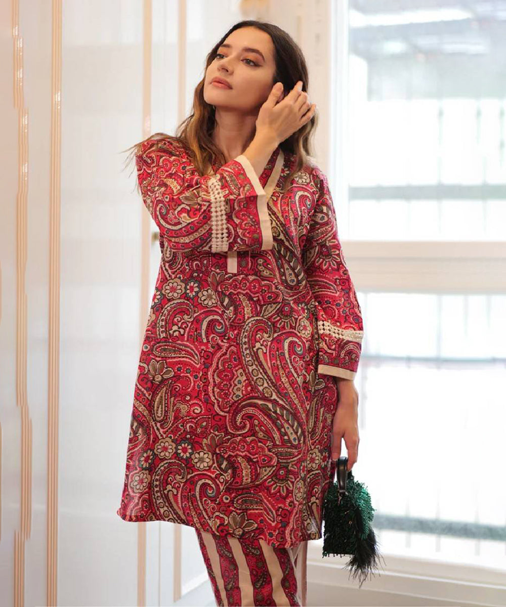 Red Floral V Neck Kurta Coord Set